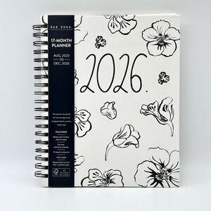 Rae Dunn Large Hard Cover Spiral 17-month Planner 2026 Flowers (Black/Ivory)